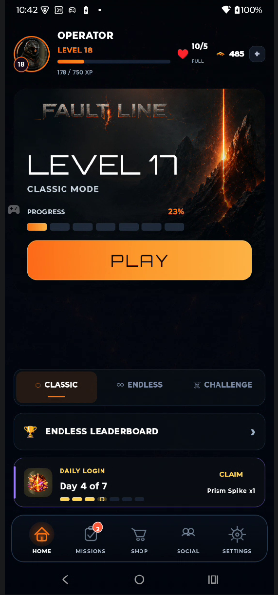 Fault Line home screen with Classic, Endless, and Challenge modes